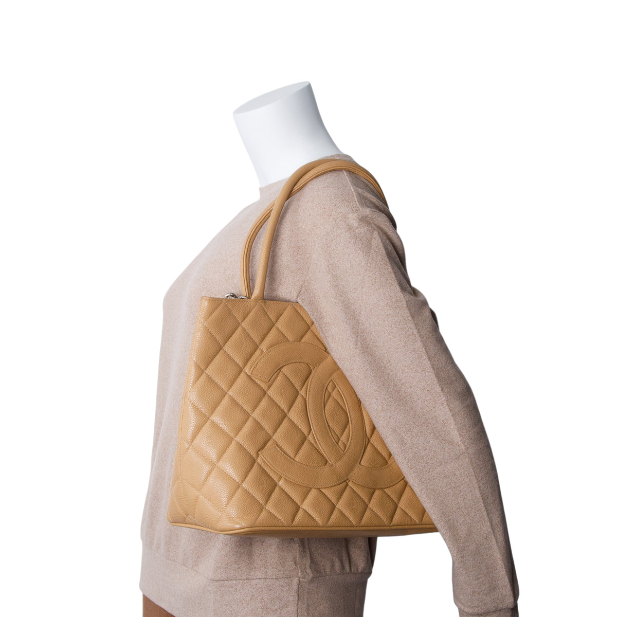 Chanel Vintage Beige Quilted Caviar Leather Medallion Tote