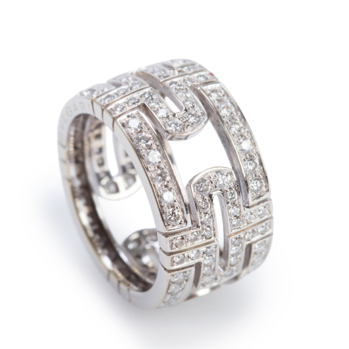 BVLGARI 18k White Gold Pave Diamond Parentesi Band Ring, Size 6.25
