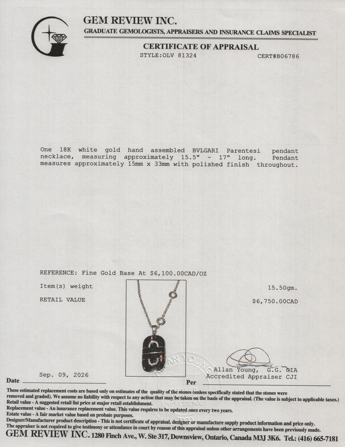 BVLGARI 18k White Gold Parentesi Pendant Necklace w/ Box