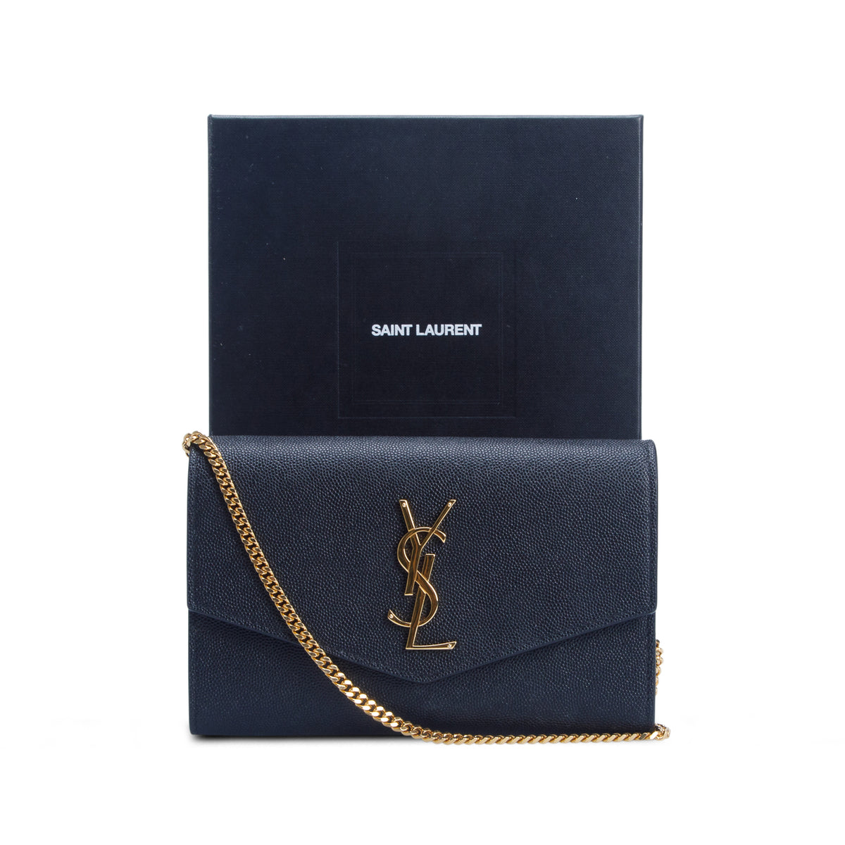 Saint Laurent 2021 Black Grain De Poudre Monogram Uptown Chain Wallet w/ Box