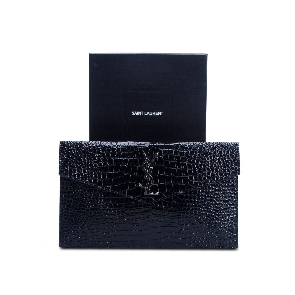 Saint Laurent 2023 Black Calfskin Croc Embossed Uptown Monogram Pouch w/ Box