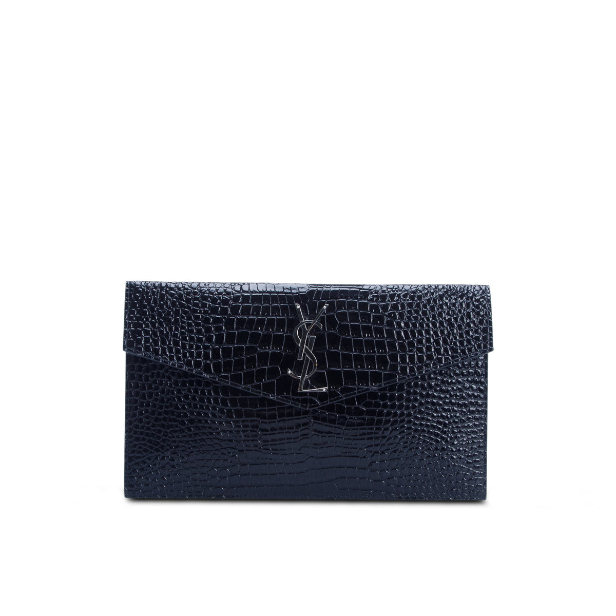 Saint Laurent 2023 Black Calfskin Croc Embossed Uptown Monogram Pouch w/ Box