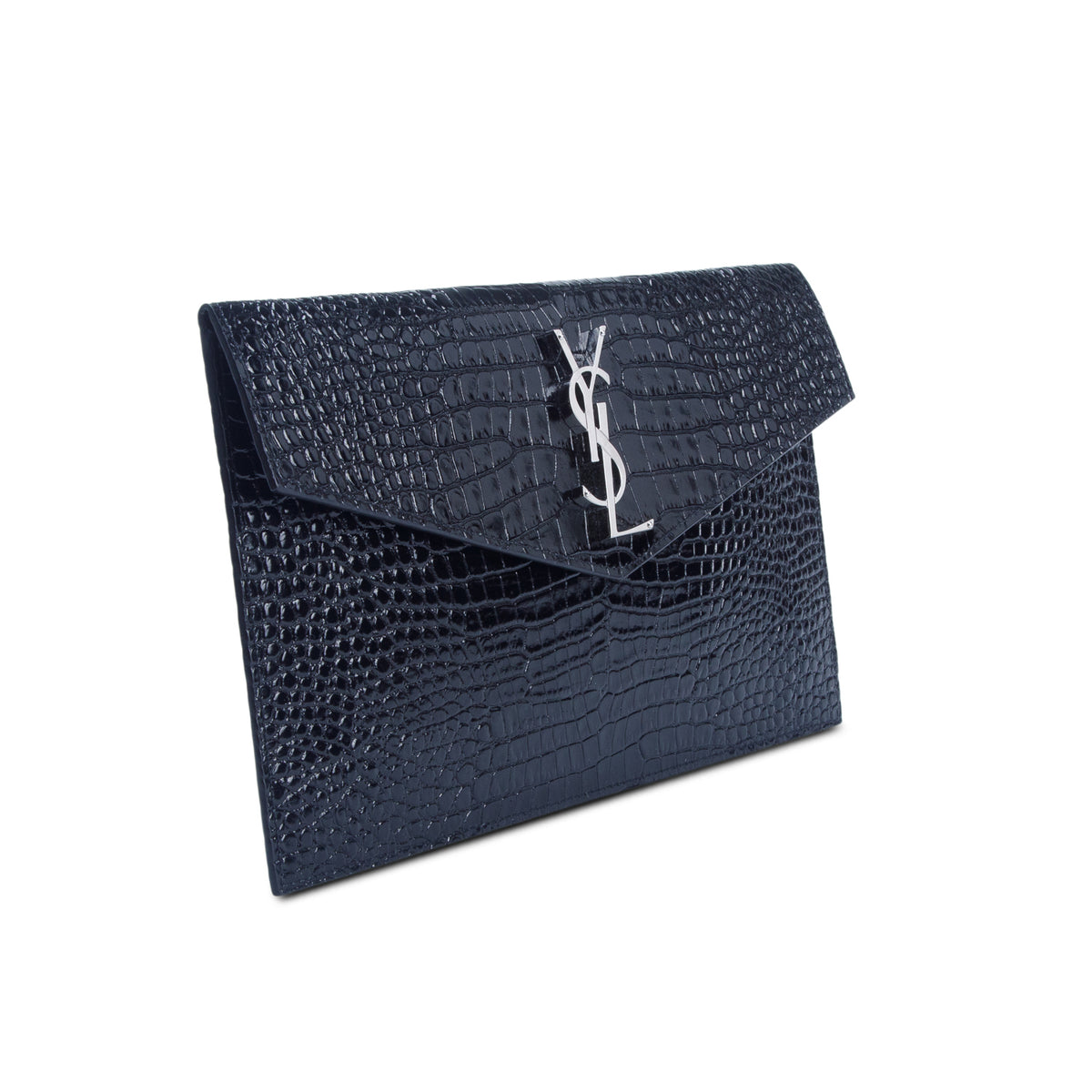 Saint Laurent 2023 Black Calfskin Croc Embossed Uptown Monogram Pouch w/ Box
