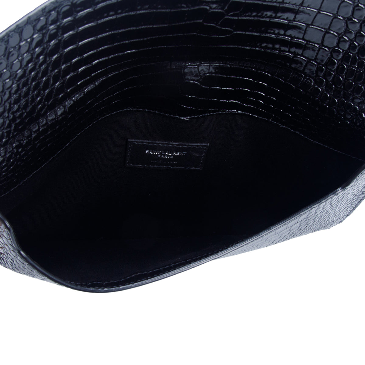 Saint Laurent 2023 Black Calfskin Croc Embossed Uptown Monogram Pouch w/ Box