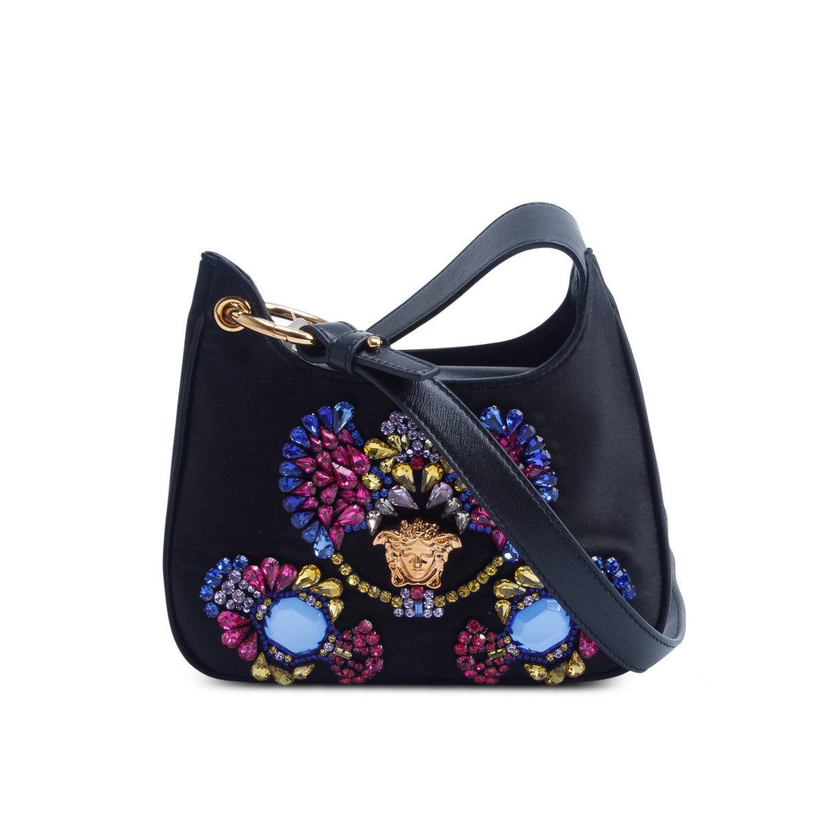Versace Black Satin Crystal Embellished La Medusa Mini Hobo Bag