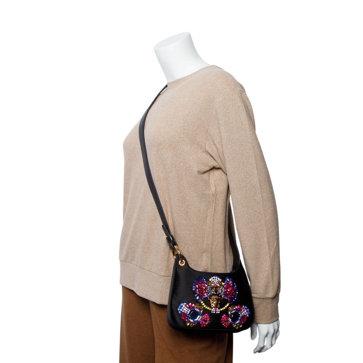 Versace Black Satin Crystal Embellished La Medusa Mini Hobo Bag