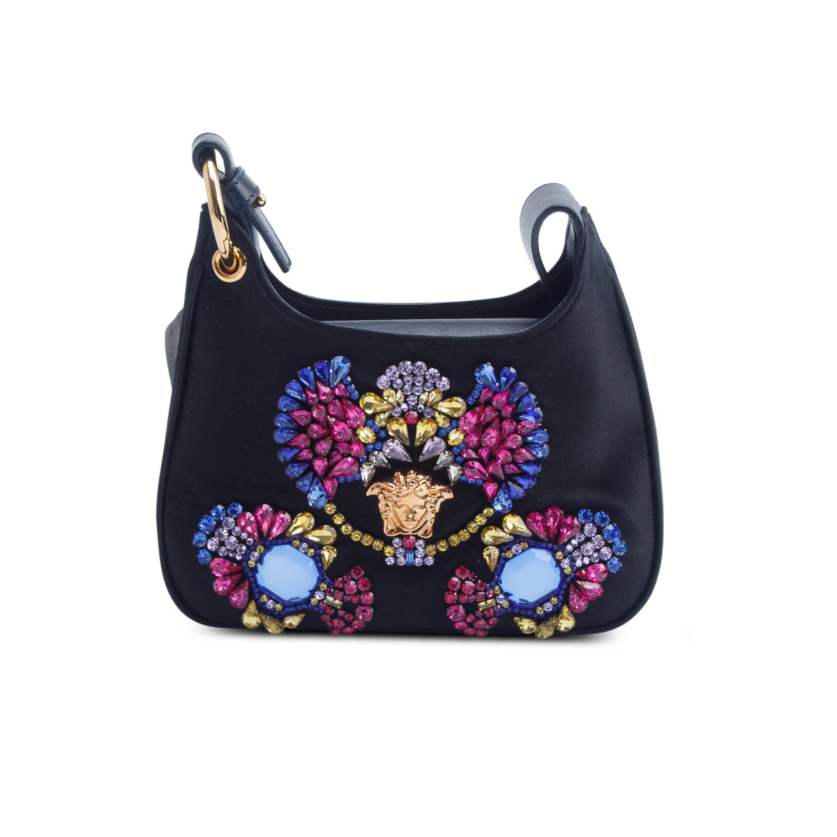 Versace Black Satin Crystal Embellished La Medusa Mini Hobo Bag