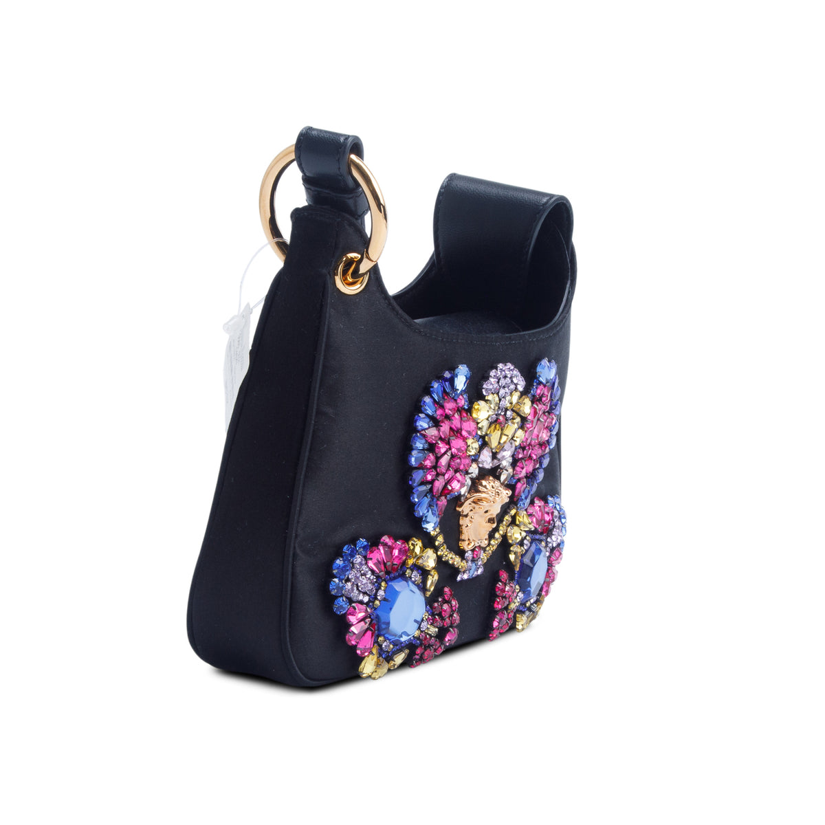 Versace Black Satin Crystal Embellished La Medusa Mini Hobo Bag