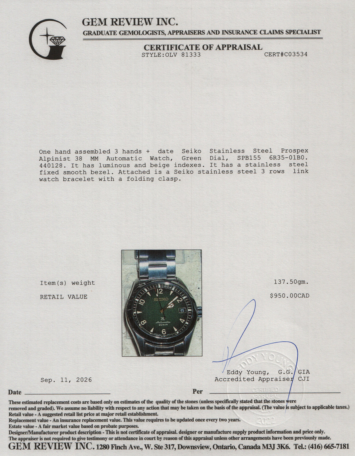 Seiko 2024 Stainless Steel Prospex Alpinist 38 MM Automatic Watch Green Dial SPB155J1 w/ Box & Papers