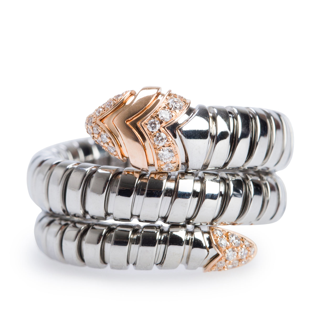 BVLGARI Stainless Steel & 18k Rose Gold Diamond Tubogas Ring, Size XL
