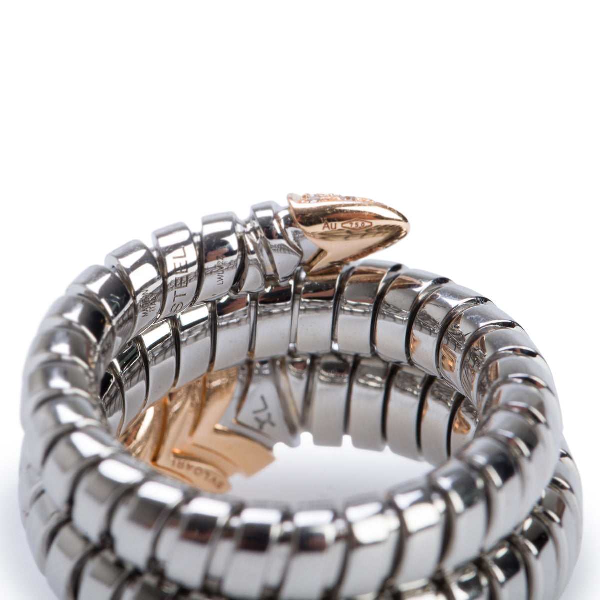 BVLGARI Stainless Steel & 18k Rose Gold Diamond Tubogas Ring, Size XL