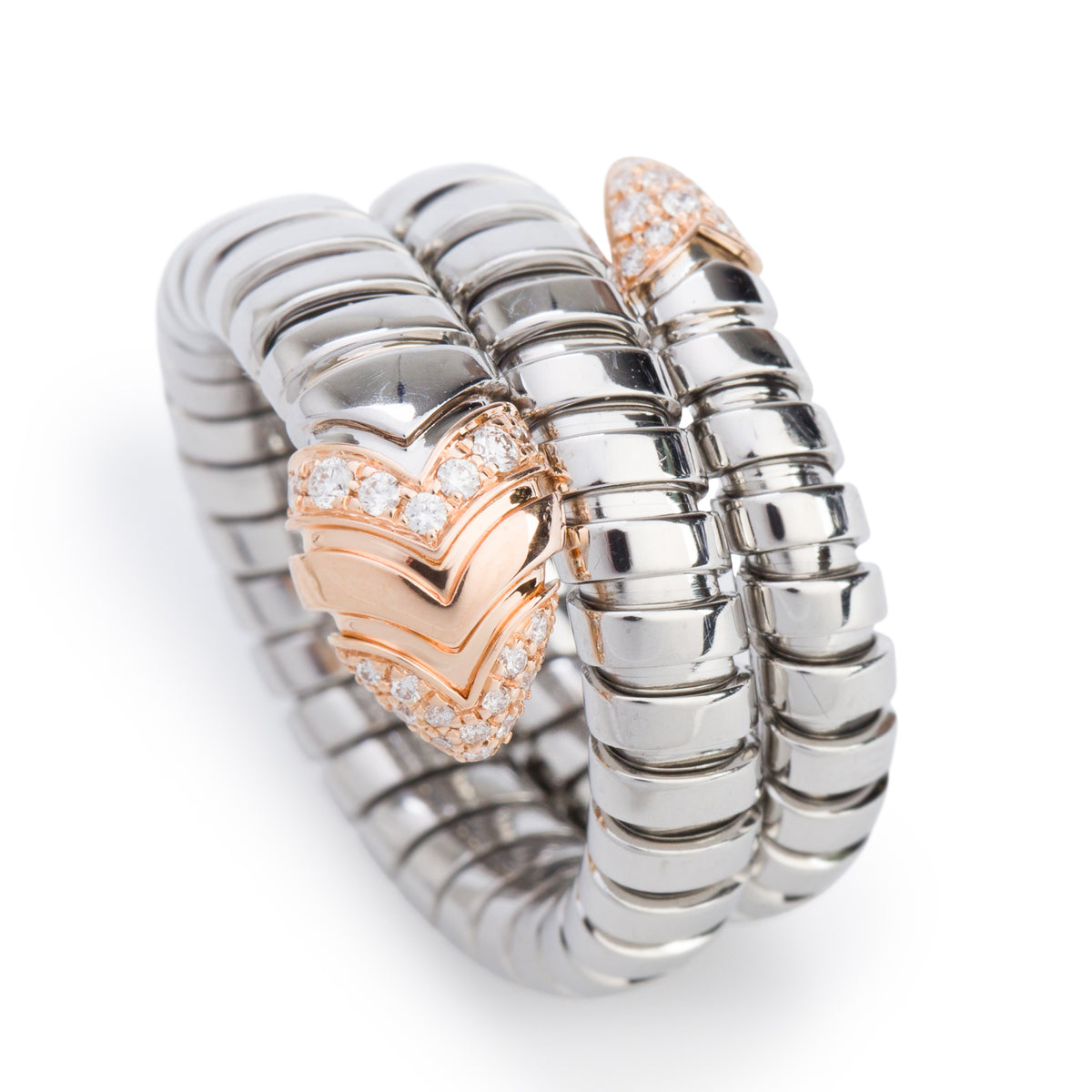 BVLGARI Stainless Steel & 18k Rose Gold Diamond Tubogas Ring, Size XL
