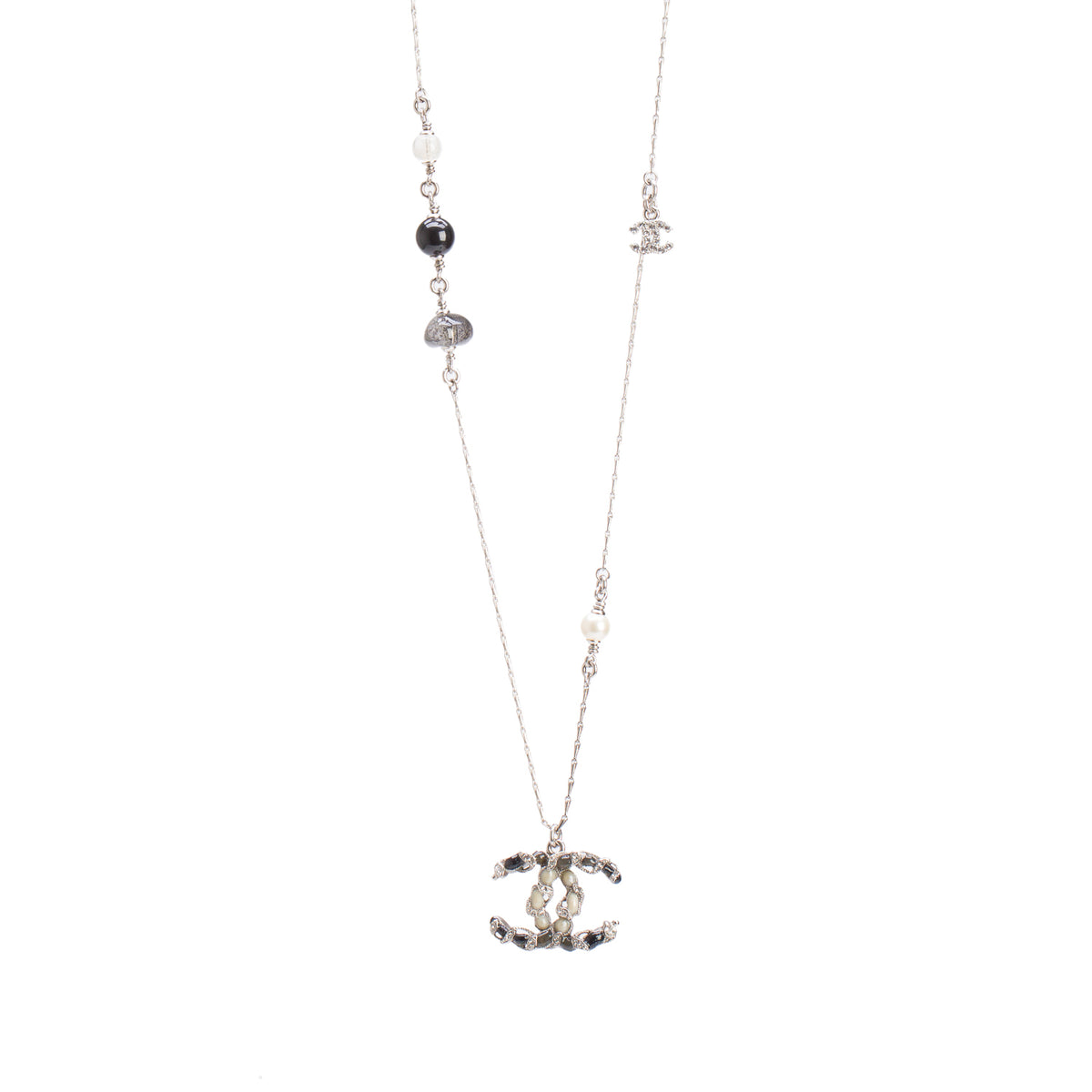 Chanel Ruthenium Strass & Faux Pearl Bead CC Pendant Necklace