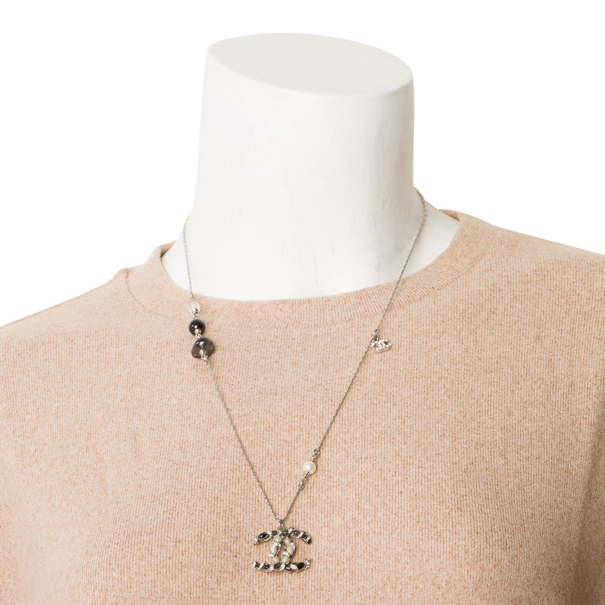 Chanel Ruthenium Strass & Faux Pearl Bead CC Pendant Necklace