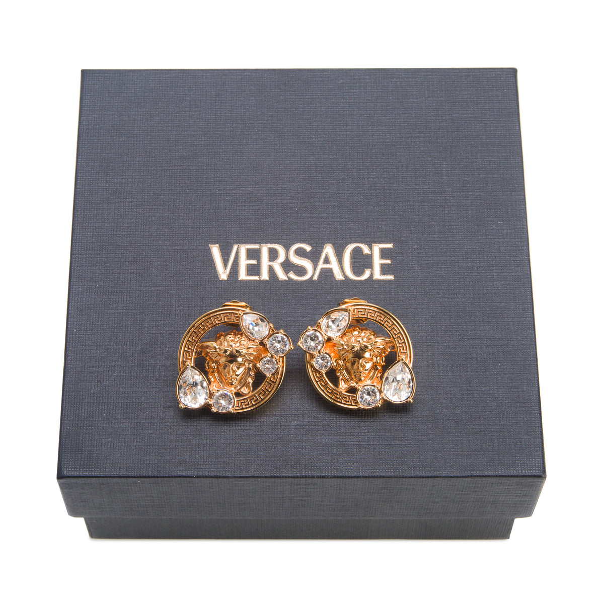 Versace Gold-Plated Crystal Embellished Medusa '95 Stud Earrings w/ Box