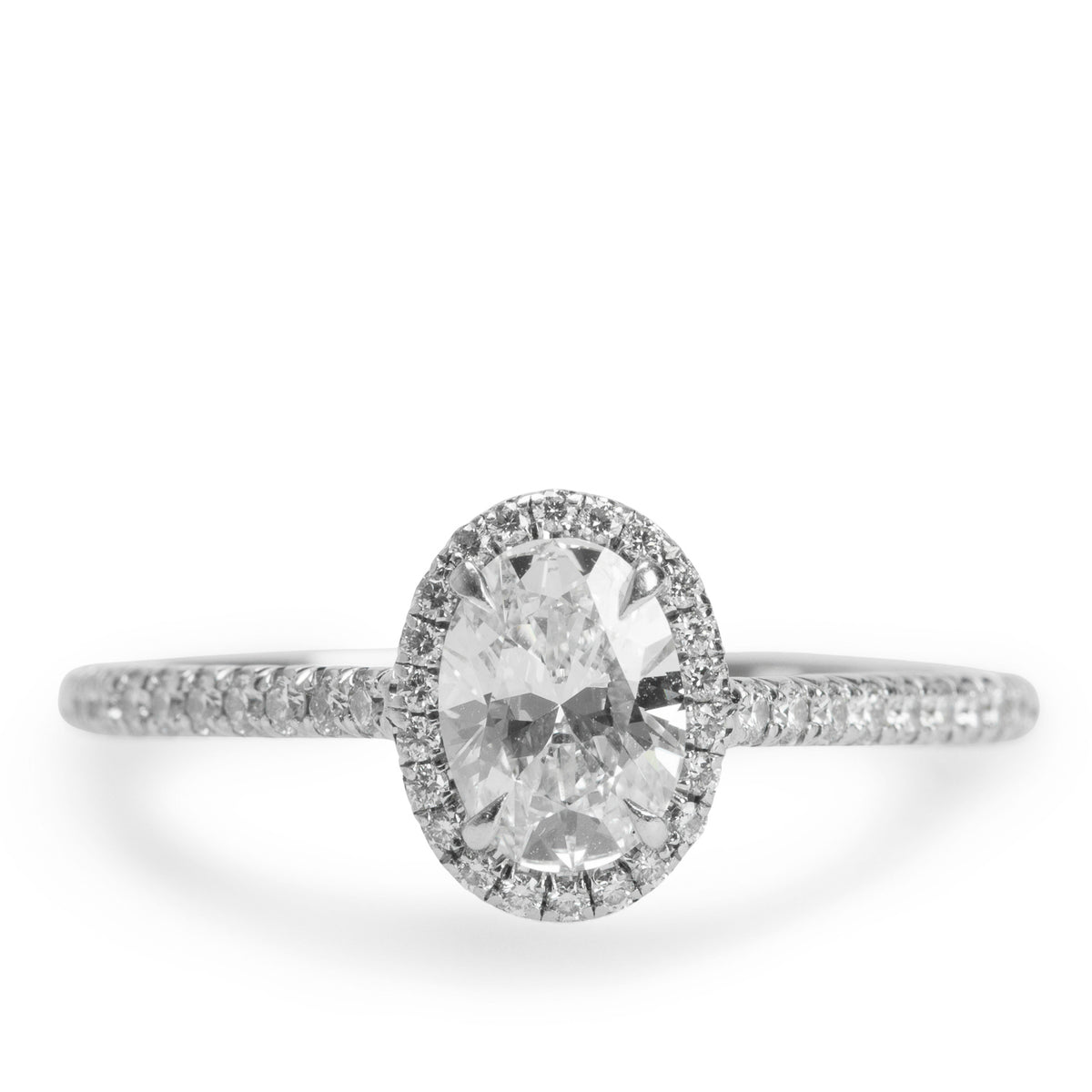 Tiffany & Co. Platinum Soleste 0.91 ct. Oval Cut Diamond Halo Engagement Ring, Size 9.5 w/ Box