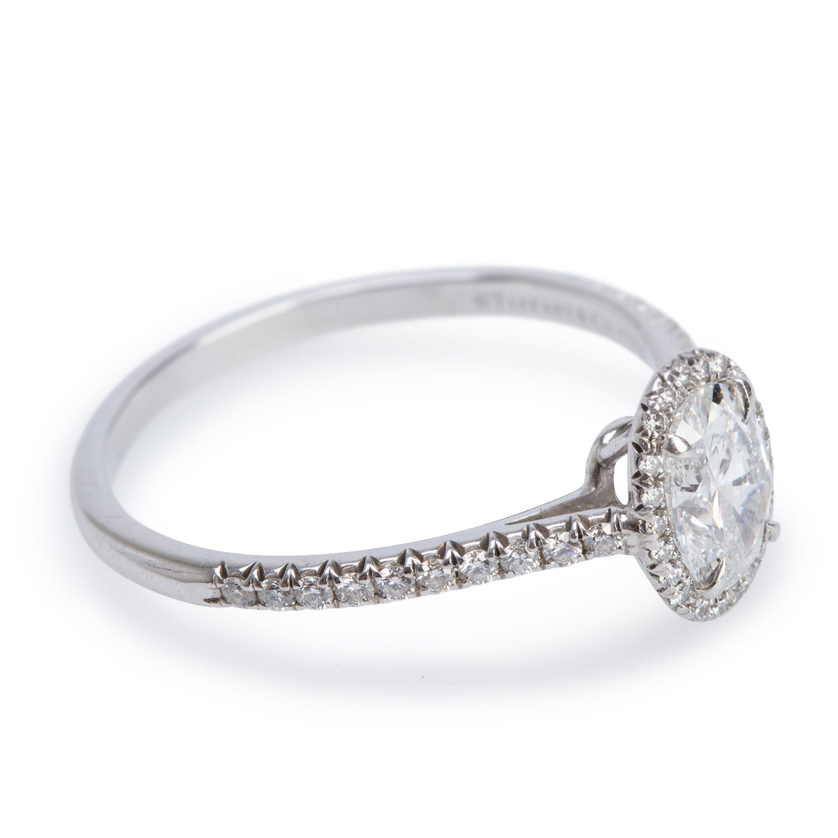 Tiffany & Co. Platinum Soleste 0.91 ct. Oval Cut Diamond Halo Engagement Ring, Size 9.5 w/ Box