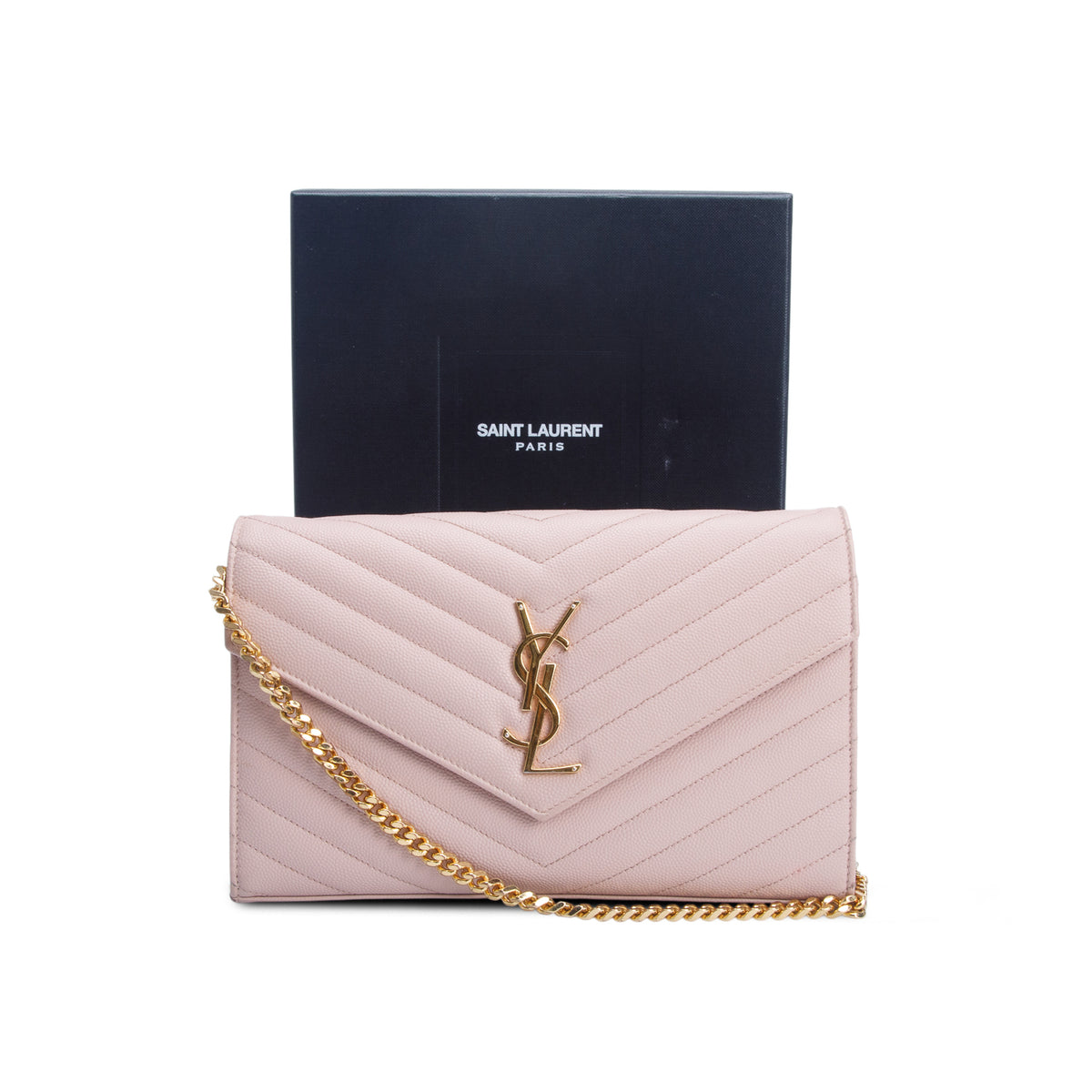 Saint Laurent Pink Grain De Poudre Cassandre Envelope Chain Wallet w/ Box