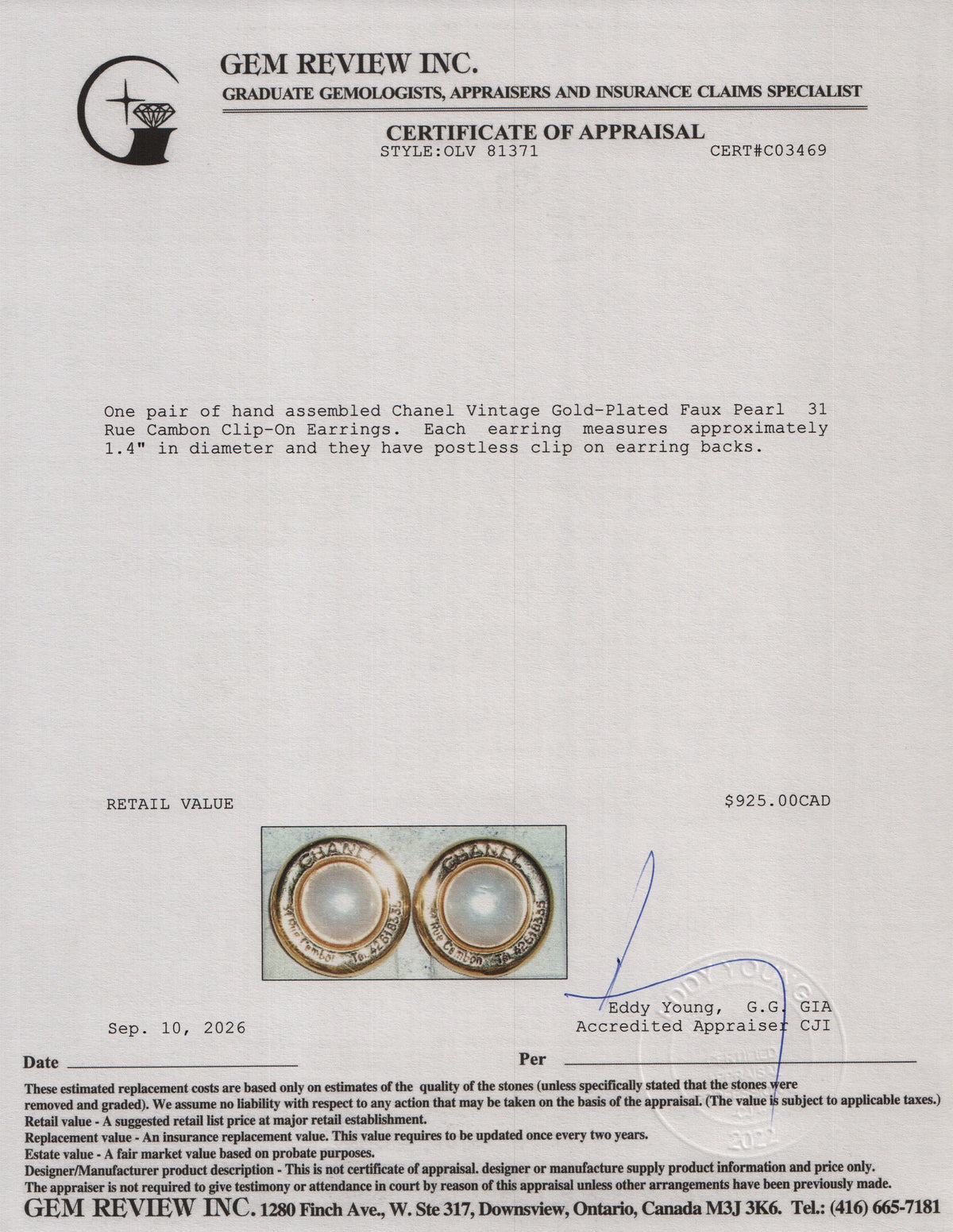 Chanel Vintage Gold-Plated Faux Pearl 31 Rue Cambon Clip-On Earrings