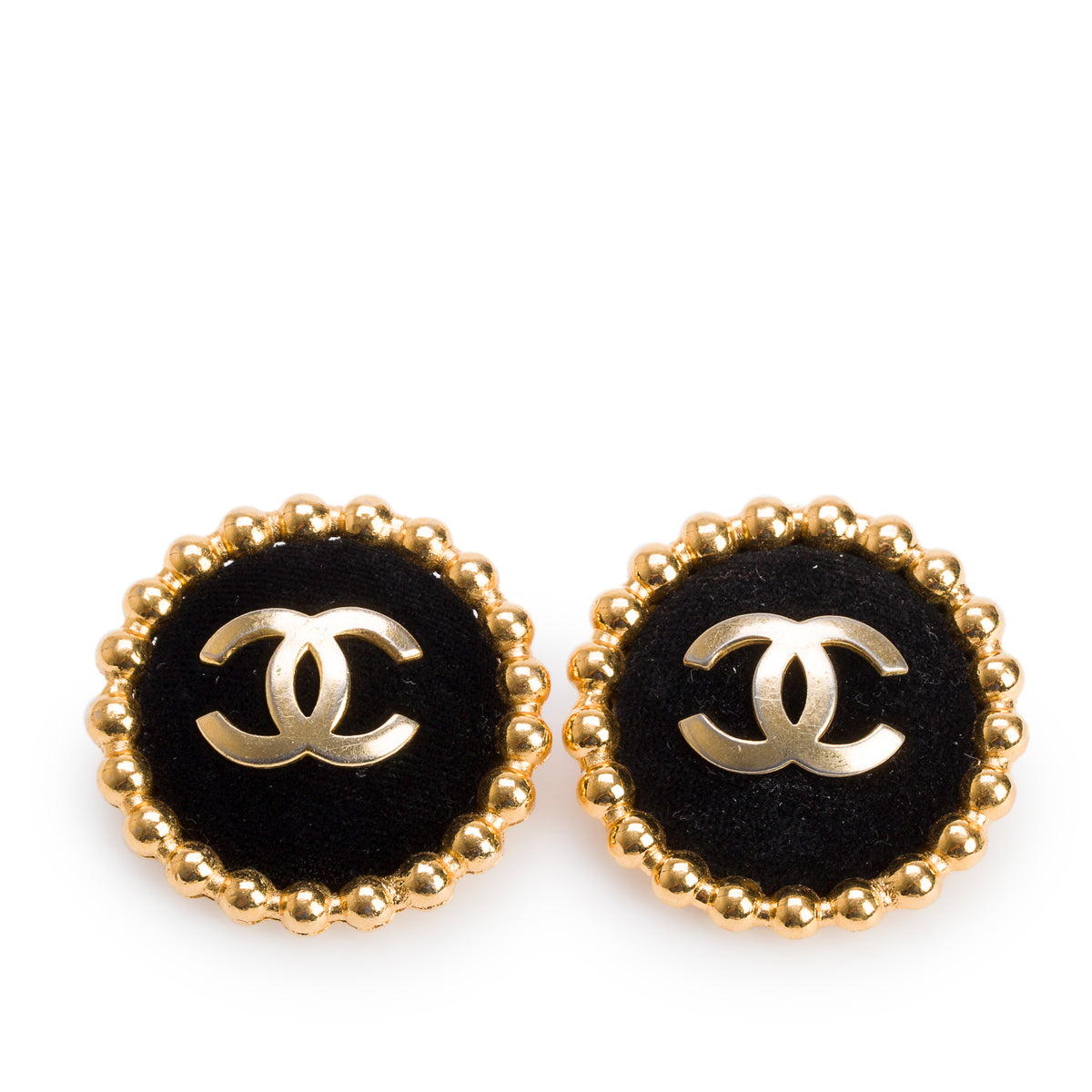 Chanel Vintage Gold-Plated Black Velvet CC Clip-On Earrings