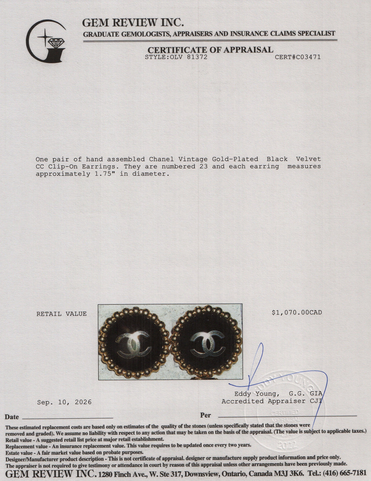 Chanel Vintage Gold-Plated Black Velvet CC Clip-On Earrings