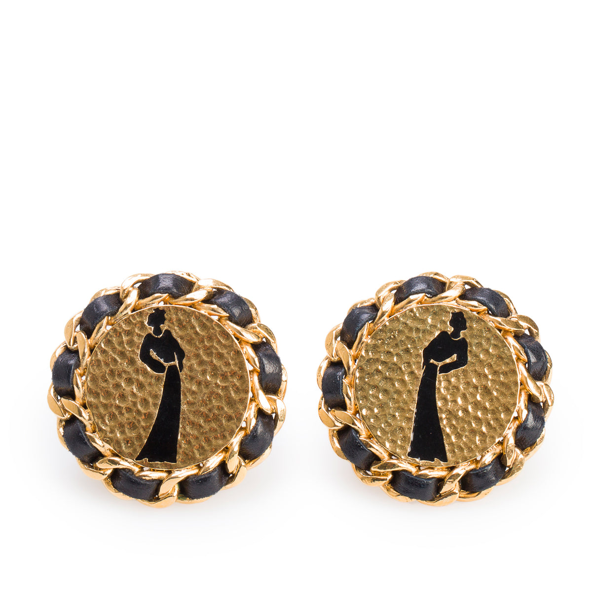 Chanel Vintage Gold-Plated Chain-Link & Black Leather Mademoiselle Silhouette Clip-On Earrings