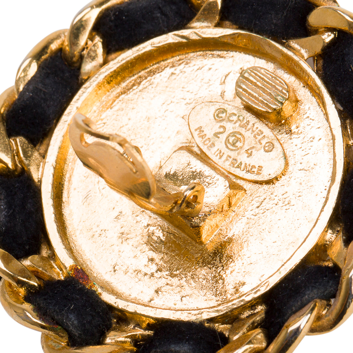Chanel Vintage Gold-Plated Chain-Link & Black Leather Mademoiselle Silhouette Clip-On Earrings