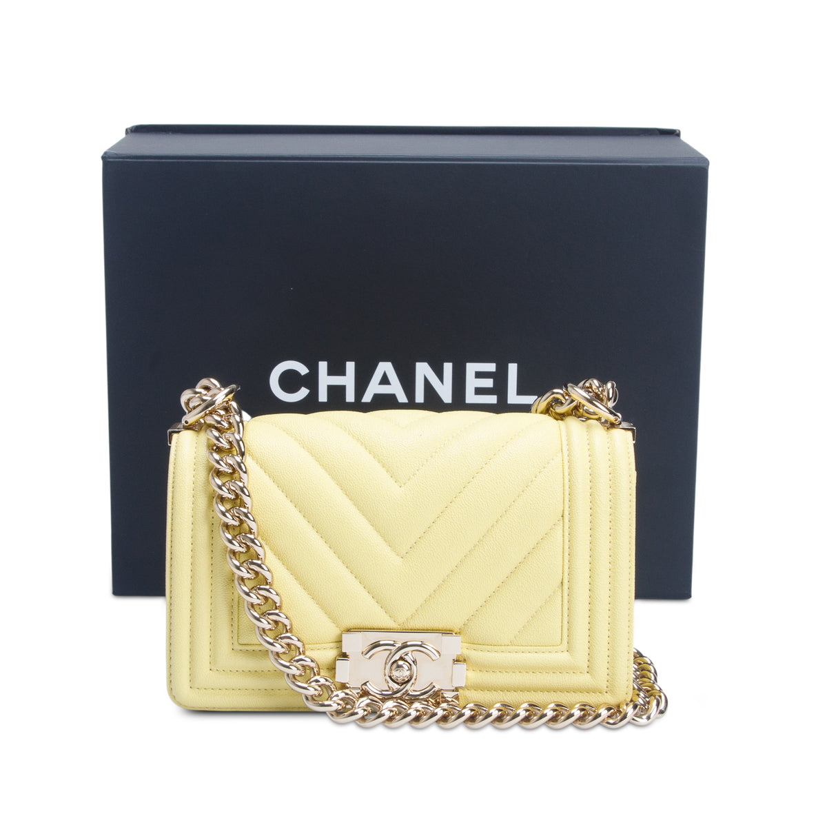 Chanel 2020 Yellow Caviar Chevron Leather Small Boy Bag w/ Box & Authenticity Card
