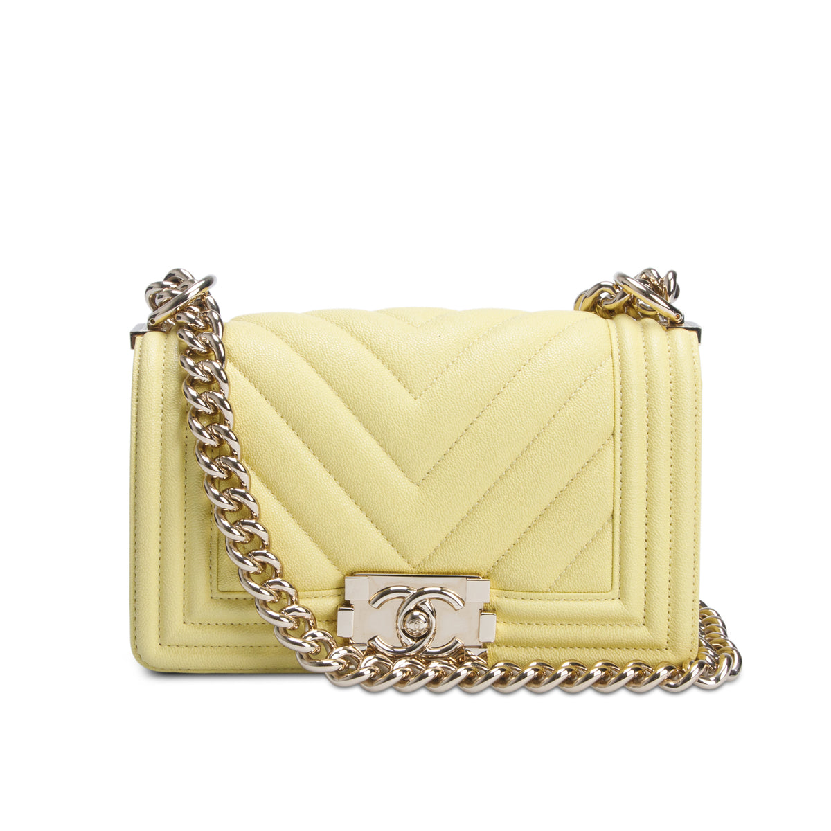 Chanel 2020 Yellow Caviar Chevron Leather Small Boy Bag w/ Box & Authenticity Card