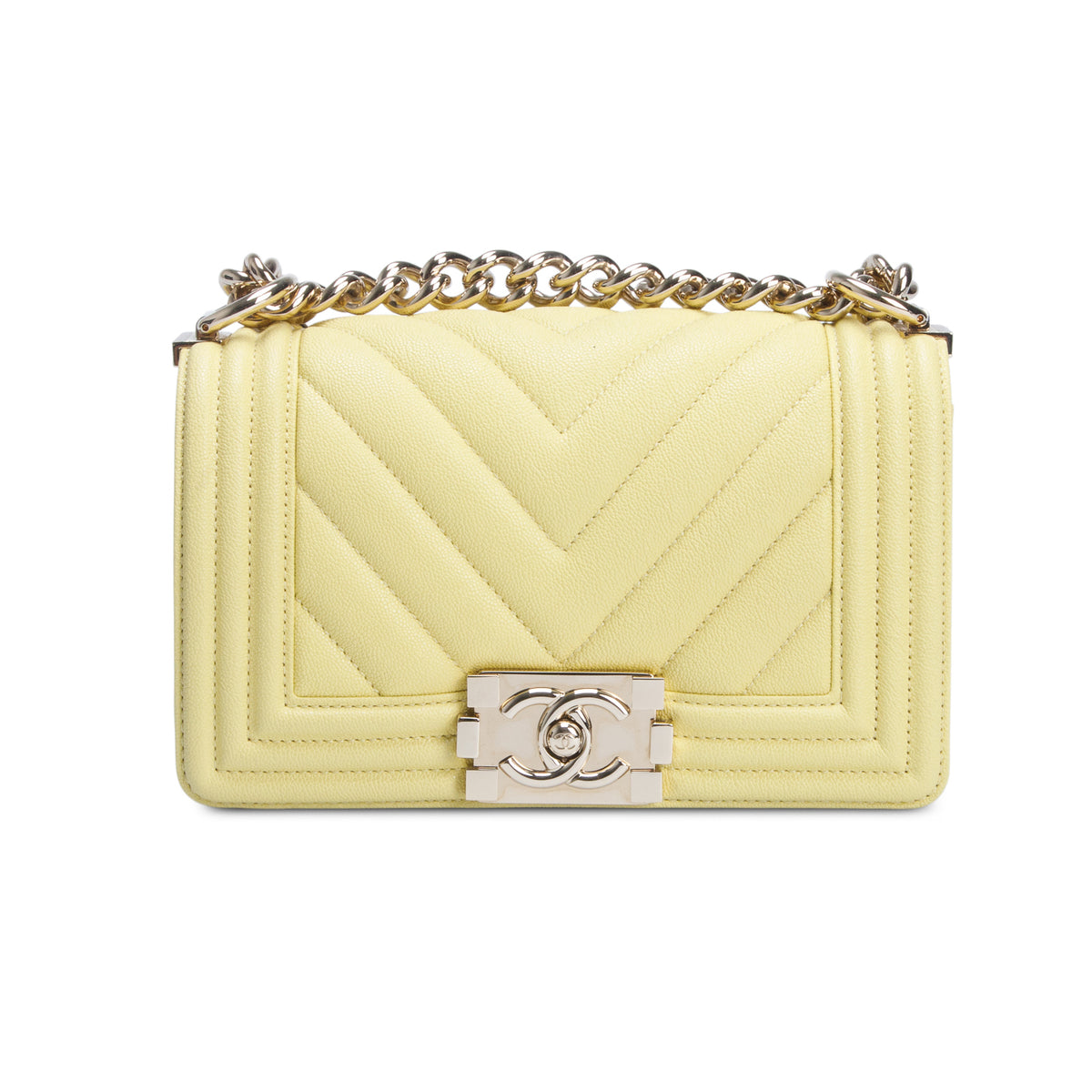 Chanel 2020 Yellow Caviar Chevron Leather Small Boy Bag w/ Box & Authenticity Card