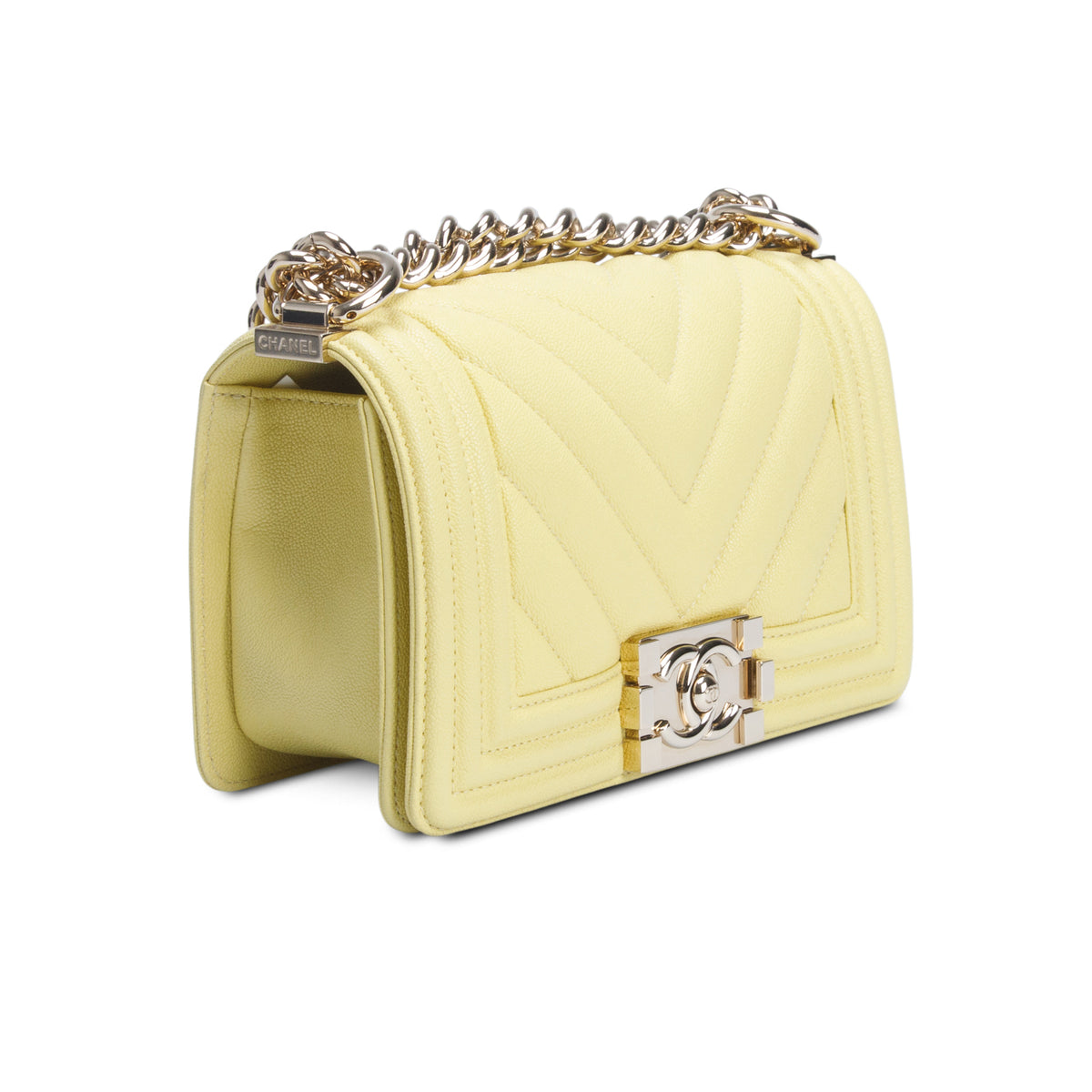 Chanel 2020 Yellow Caviar Chevron Leather Small Boy Bag w/ Box & Authenticity Card