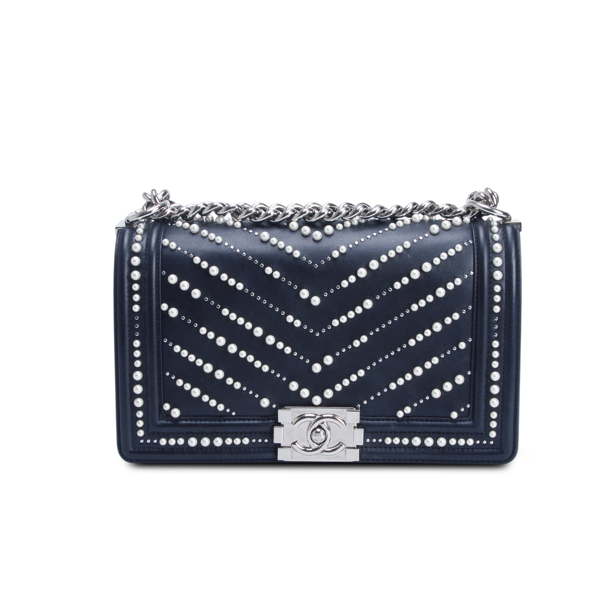 Chanel Black Calfskin Leather Medium Chevron Pearl Boy Bag