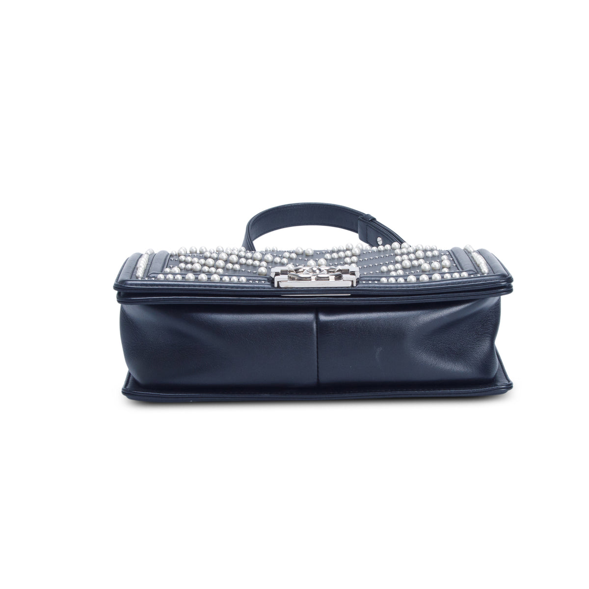 Chanel Black Calfskin Leather Medium Chevron Pearl Boy Bag