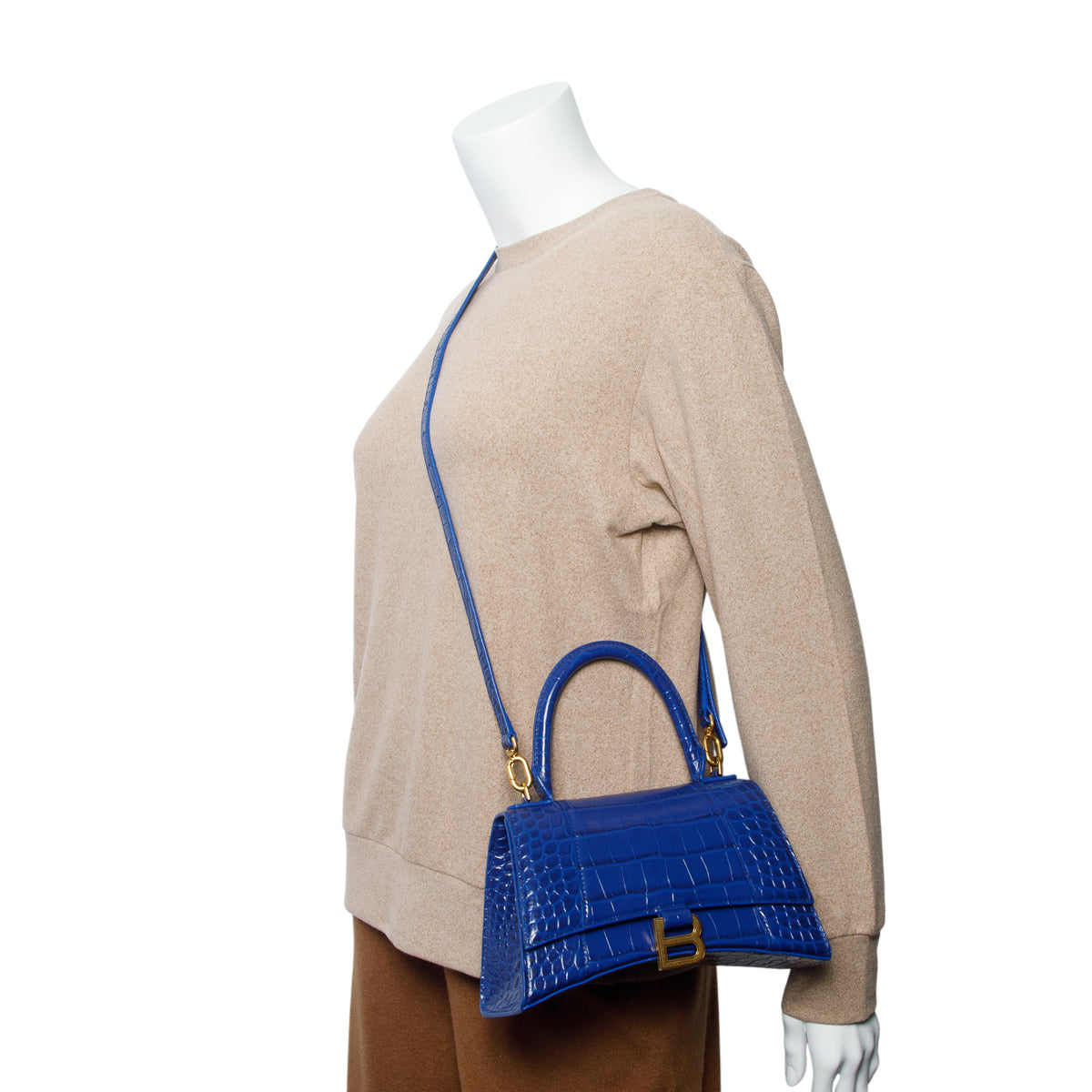 Balenciaga Blue Croc Embossed Leather Small Hourglass Top Handle Bag w/ Strap