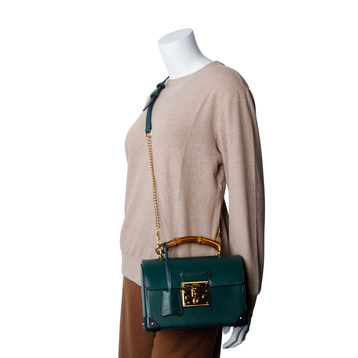 Gucci Green Azalea Calfskin Small Padlock Bamboo Shoulder Bag w/ Strap