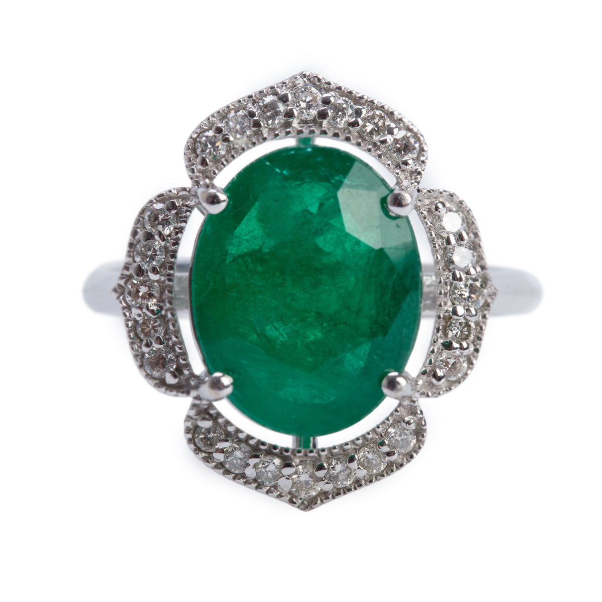 14k White Gold Emerald & Diamond Cocktail Ring, Size 6.75