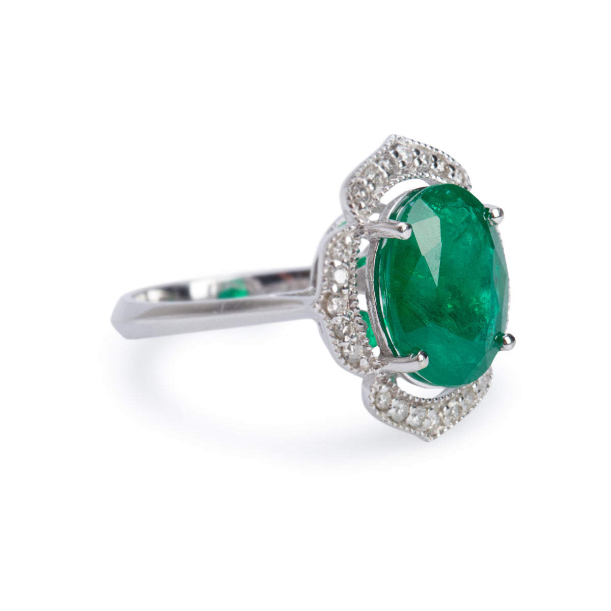 14k White Gold Emerald & Diamond Cocktail Ring, Size 6.75