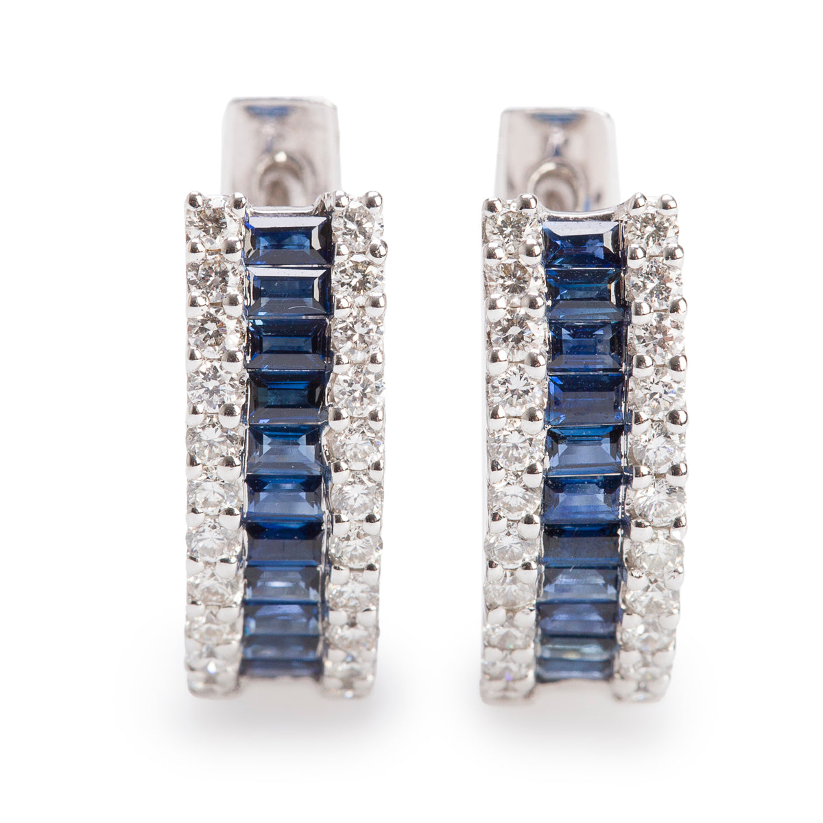 18k White Gold Blue Sapphire & Diamond Huggie Earrings