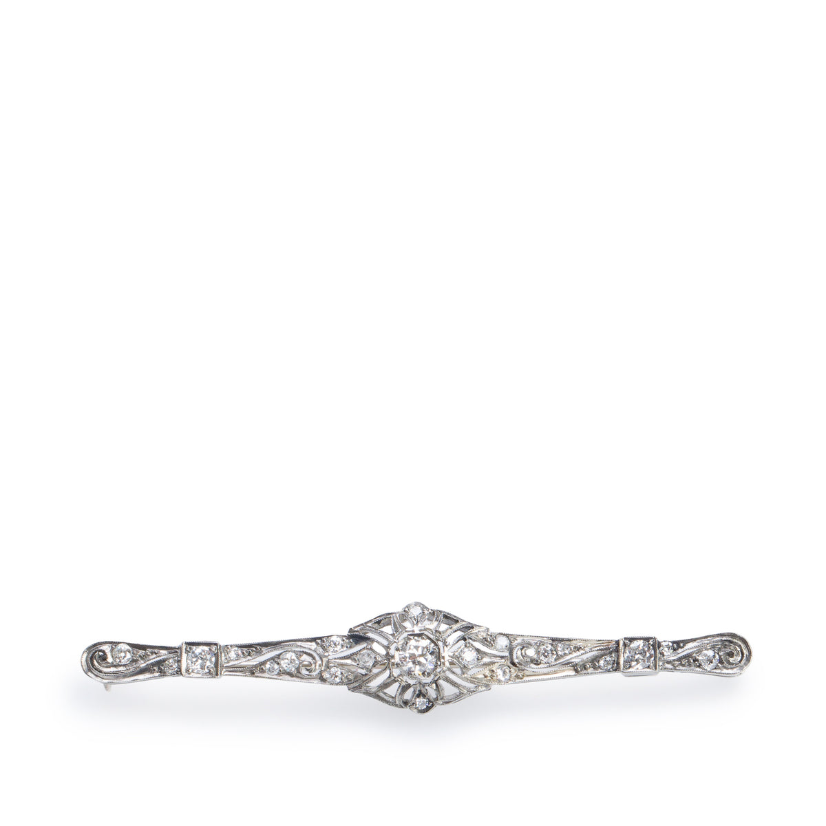 Antique 18k White Gold Diamond Filigree Bar Brooch