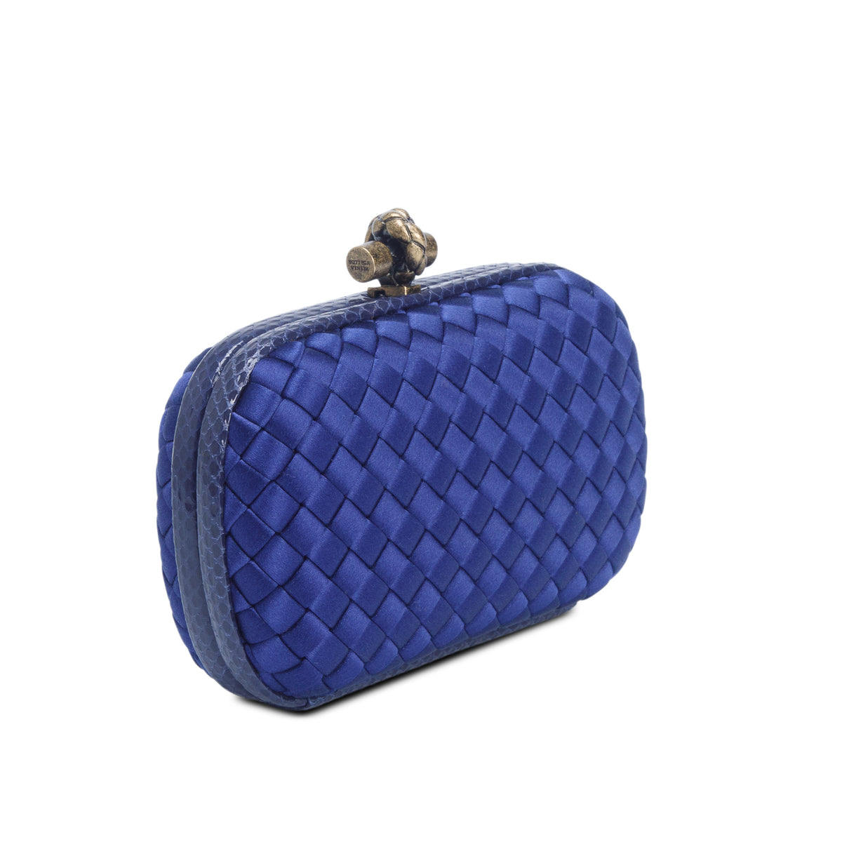 Bottega Veneta Blue Satin Ayers Intreccio Impero Knot Clutch