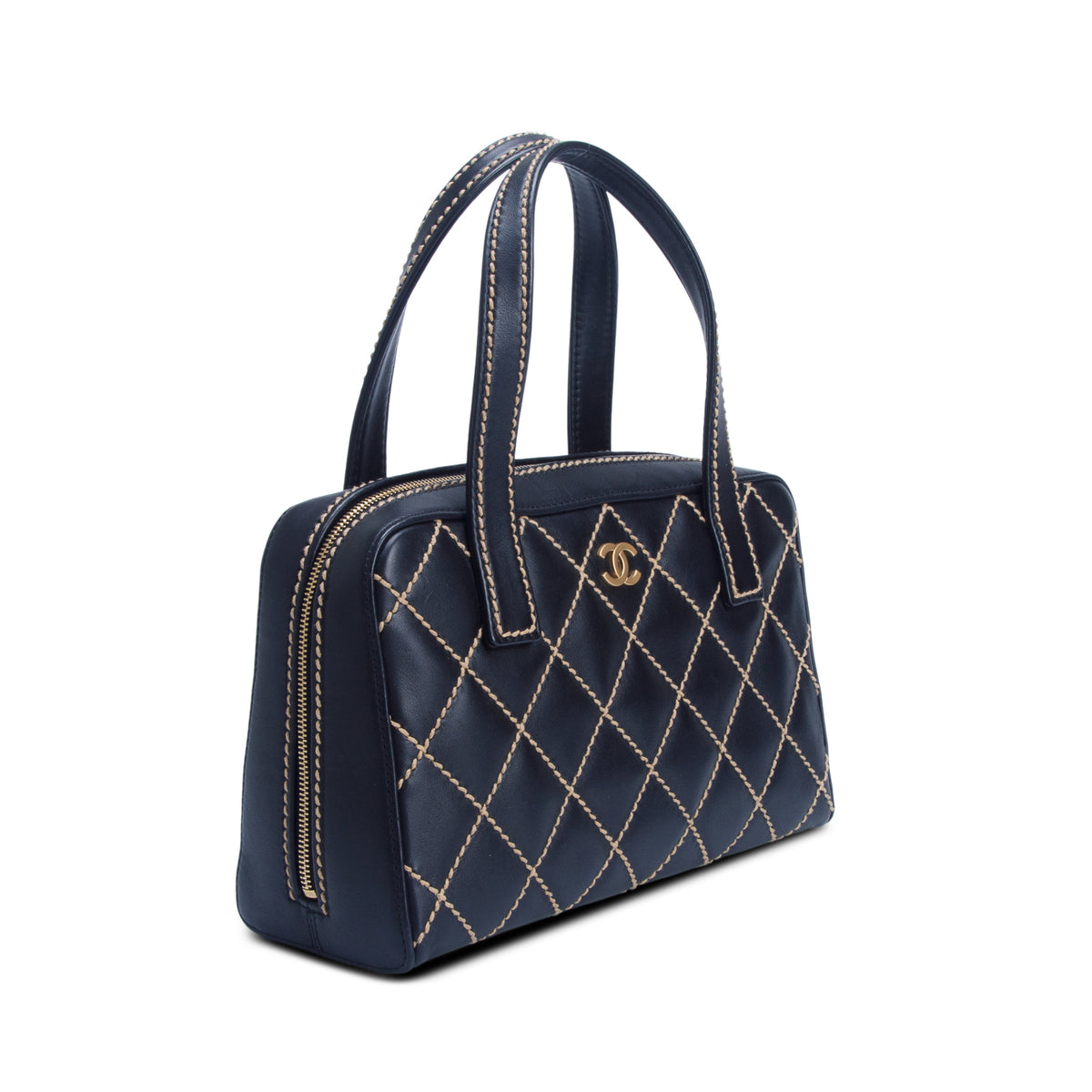 Chanel Black Calfskin Contrast Stich Surpique Bowler w/ Authenticity Card