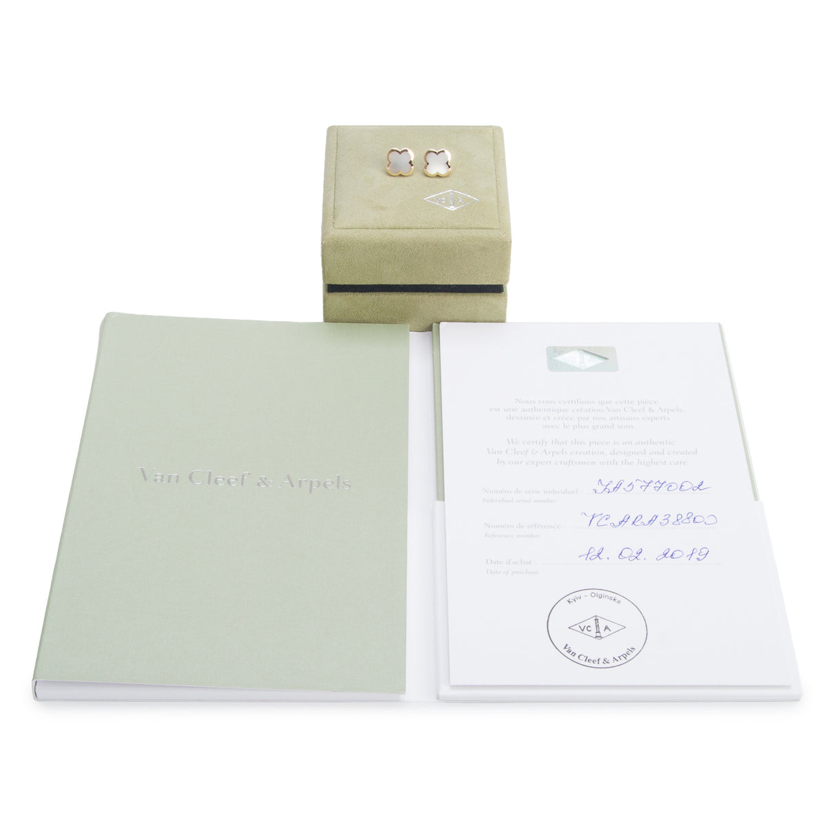 Van Cleef & Arpels 18k Yellow Gold Vintage Alhambra Mother of Pearl Stud Earrings w/ Box & Certificate