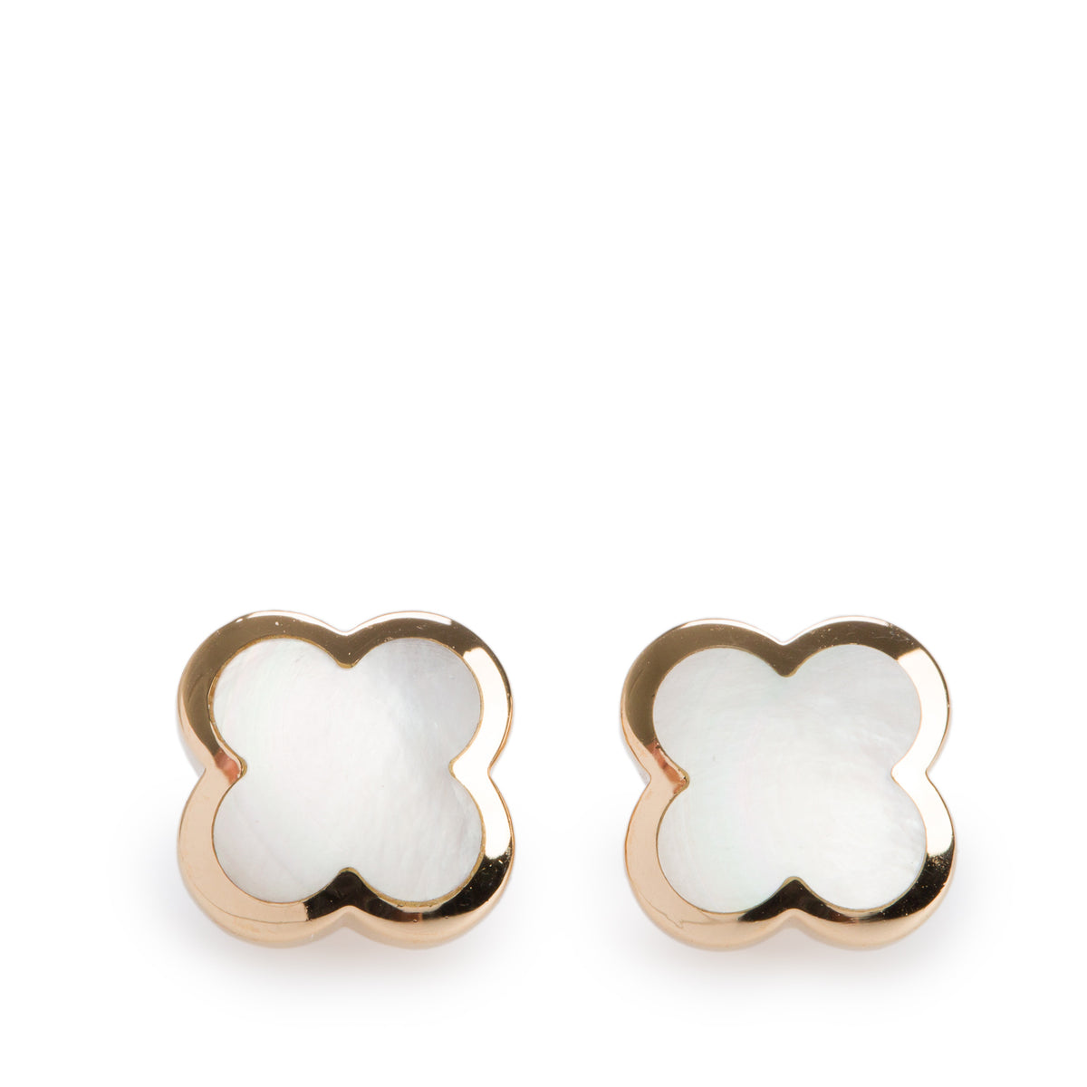 Van Cleef & Arpels 18k Yellow Gold Vintage Alhambra Mother of Pearl Stud Earrings w/ Box & Certificate