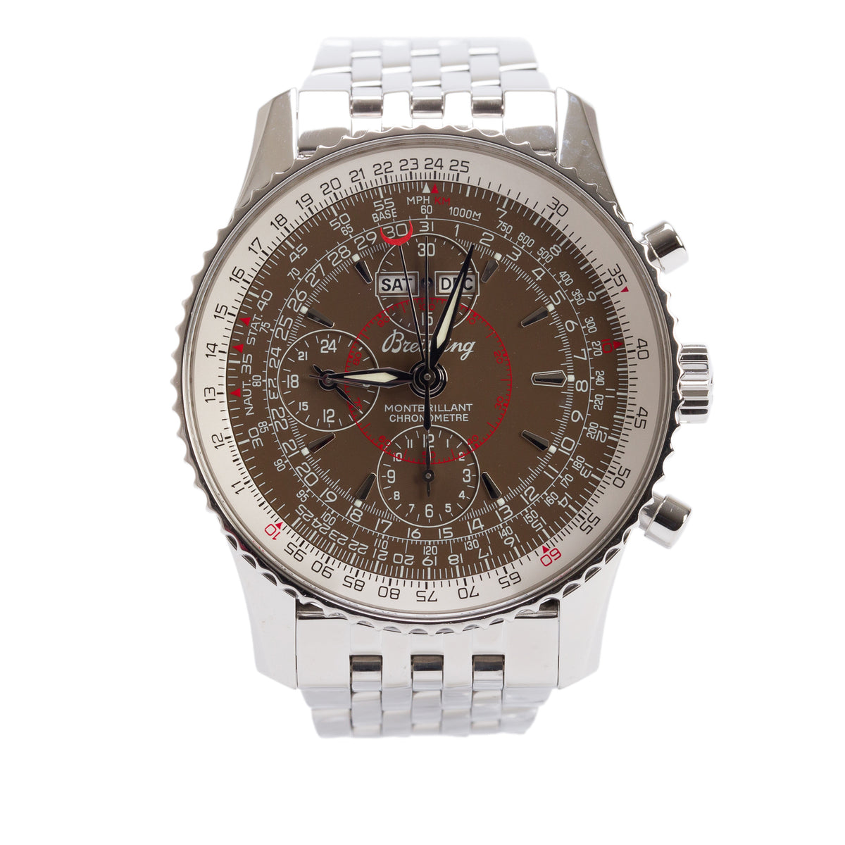 Breitling Stainless Steel Montbrillant Datora 43 MM Automatic Chronograph Watch Brown Dial A21330