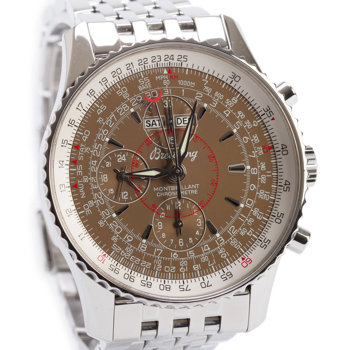 Breitling Stainless Steel Montbrillant Datora 43 MM Automatic Chronograph Watch Brown Dial A21330
