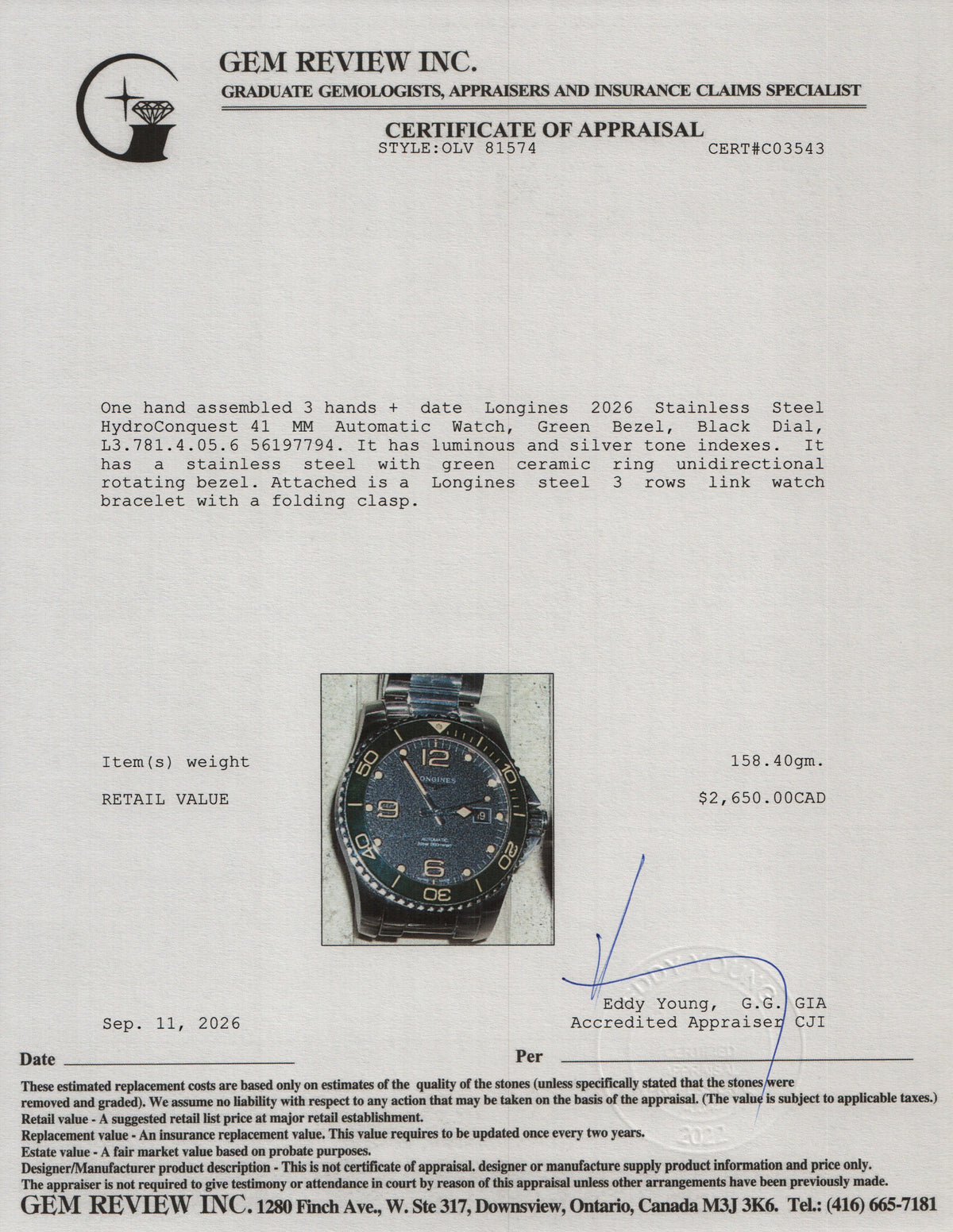 Longines 2026 Stainless Steel HydroConquest 41 MM Automatic Watch Green Bezel Black Dial w/ Box & Papers