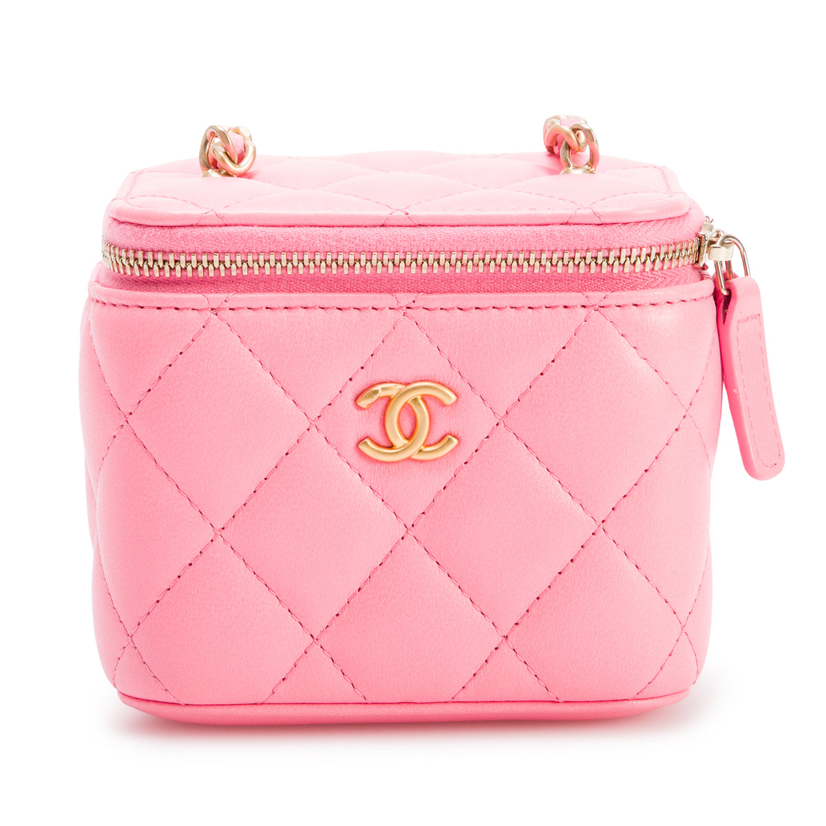 Chanel 2022 Pink Calfskin Leather Mini Pearl Crush Vanity Case w/ Box