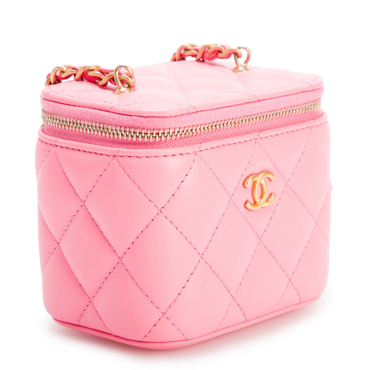 Chanel 2022 Pink Calfskin Leather Mini Pearl Crush Vanity Case w/ Box
