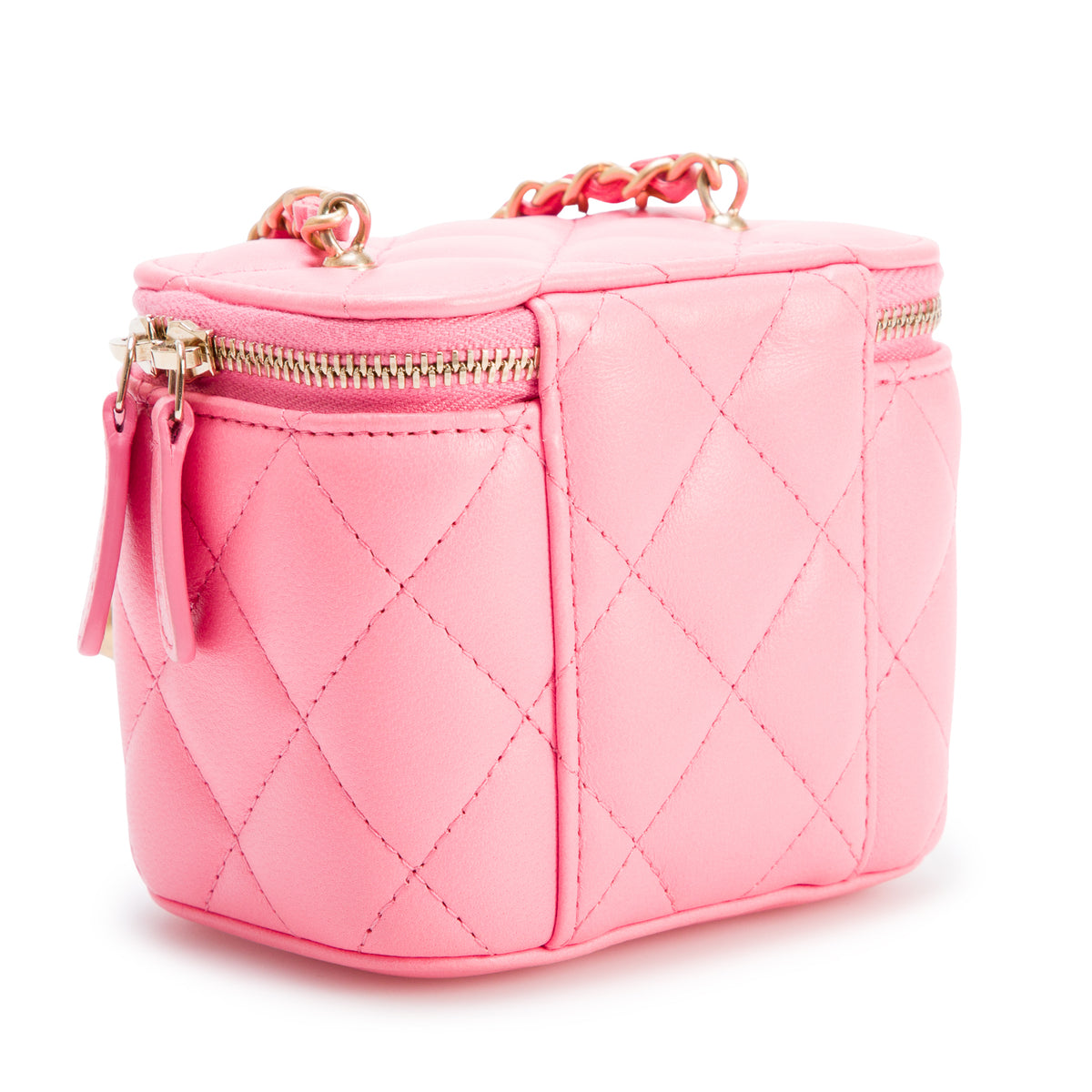 Chanel 2022 Pink Calfskin Leather Mini Pearl Crush Vanity Case w/ Box