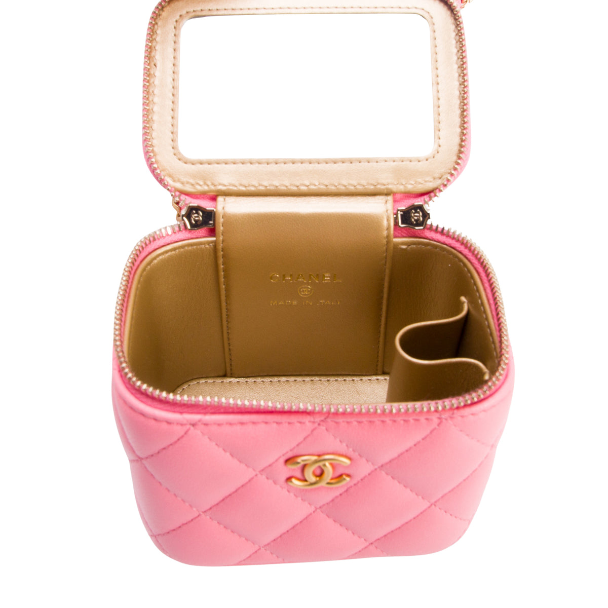 Chanel 2022 Pink Calfskin Leather Mini Pearl Crush Vanity Case w/ Box
